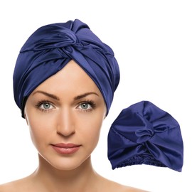 Arqumi Silk Bonnet for Sleeping Curly Hair Women, Double-Layer Satin Hair Sleeping Bonnet for Sleeping, Pure Adjustable Night Cap, Navy Blue