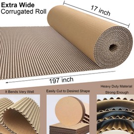 SYOGUA Corrugated Cardboard Roll, 17 x 197 Inches Thicker Wider Corrugated Paper, Single Face Large Cardboard Sheets Thick Cardboard Roll for Crafts, Shipping, Mailing, Gift Packaging