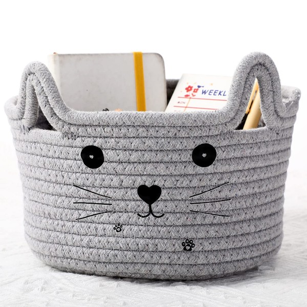 Cat Basket Storage Woven Basket Organizer with Ears Decorative Pet Toy Cute Basket Cotton Rope Basket for Gifts Cat Dog Toy Bin Nursery Room Kids Toy (Light Gray,8.3 x 4.7 Inch)