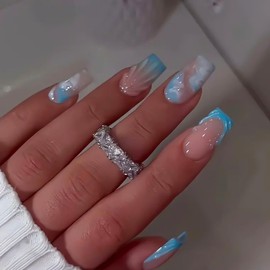 RUOKEXIN Square Press on Nails French Tip Fake Nails Blue Ombre False Nails with Designs Medium Length Nail Press ons Sparkly Acrylic Artificial Nails Cute Stick on Nails for Women 24Pcs