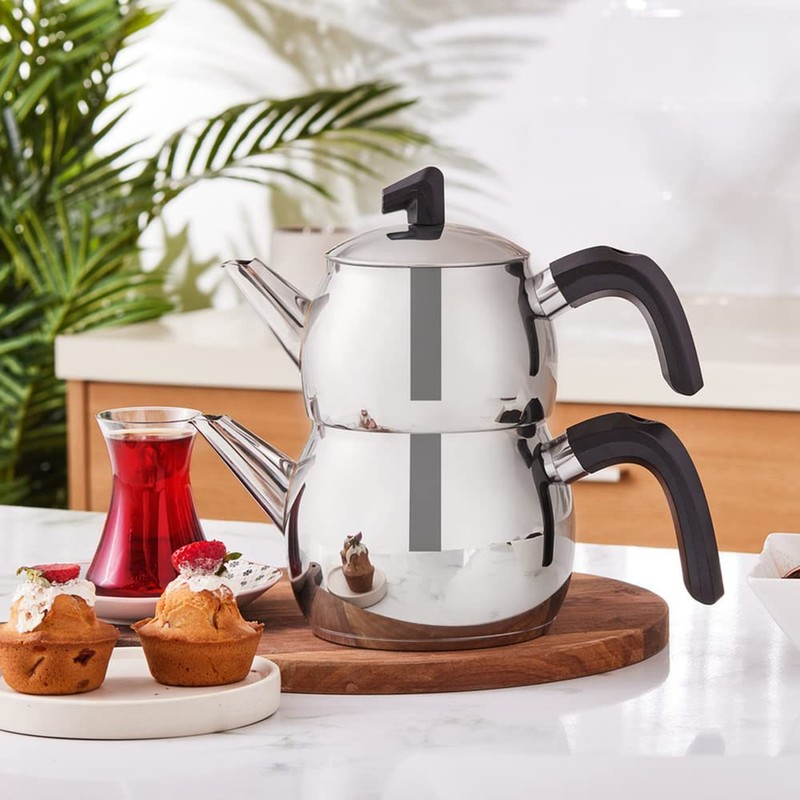 Karaca Belinay Teapot Set Silver Black, 18/10 Stainless Steel, Teapot/Lid