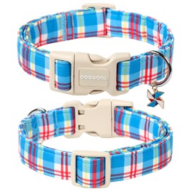 DOGWONG Blue Plaid Dog Collar- Cute Checkered Dog Collars Adjustable Designer Blue Puppy Dog Collar for Small Medium Large Dogs S
