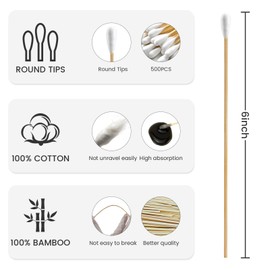 500PCS 6" Cotton Swabs with Storage Case - Lint Free Sturdy Cotton Swabs with Bamboo Handle - Long Cotton Swab for Gun Cleaning, Makeup, Electronic