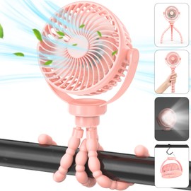 GetBreeze Portable Rechargeable Battery Fan with LED Lights, Stroller Fan with Tripod Clip for Baby, Portable Rechargeable Personal Fan for Stroller, Car Seat, Treadmill, Camping (Pink)