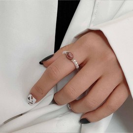 Crymystal Bohemian Pearl Ring with Pearls Stackable Ring with Beads Red Natural Stone Ring with Beads Made of Natural Stone Stretch Ring Bohemian Stackable Rings for Women and Girls Gifts, Beads