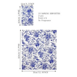 WRAPAHOLIC 25Pcs Blue Floral Guest Napkins - Blue and White Toile Paper Napkins for Bridal and Baby Shower, Tea Party, Garden Party, Birthday Party - 4.3 x 7.9 In