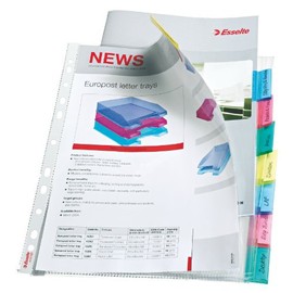 Esselte Index Punched Pocket with 8 Tabs, Holds up to 30 A4 sheets, Transparent, 130 Micron PP Material, 414150