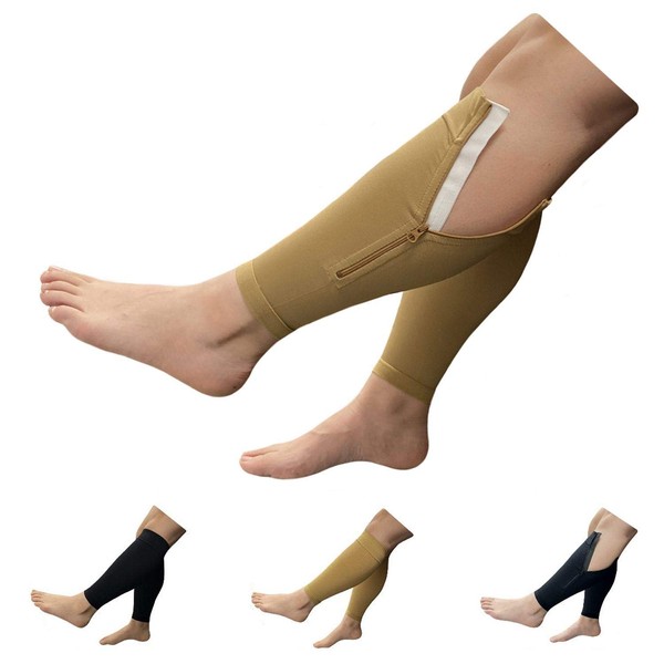 HealthyNees Shin 20-30 mmHg Compression Extra Wide Big Calf Leg Plus Size Sleeve (Beige with Zipper, 2X-Large)