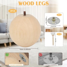 Kuabiz 4 Inch Wooden Sofa Legs Set of 4 Natural Wood Round Sofa Legs with Mounting Plate Screws Solid Wood Furniture Feet for Couch Bed Cabinet Bookcase Ottoman