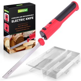 NutriChef Cordless Electric Knife | Easy to Use Constant ON/OFF Safety Function | Lightweight Kitchen Knife | Carve Turkey, Meats, Poultry, Bread & Cheese | 11.42’’ Stainless Steel Blades | Red
