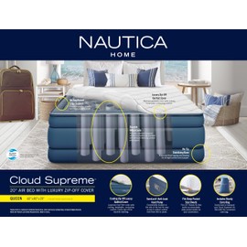 Nautica Home Cloud Supreme Air Mattress Inflatable Bed for Guests, Travel and Camping: Offset Coil Construction with Built in Pump, 2 Minute Inflation, and Zip Off Pillowtop, 20" Queen