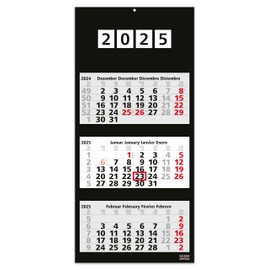 Geiger-Office 3-Month Calendar Wall Calendar 2025 Black / 33 x 70 cm, Decorative Large Format with 4 Individual Perforated Calendar Blocks, Foldable Back Panel/Office Calendar (Black 3 Months)