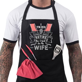 BBQ Aprons for Men - Funny Retirement Gifts for Men - Cotton BBQ Apron, Adjustable with 2 Pockets - Men's Retirement Gifts for Husband, Him, Friend, Uncle, Grandad - I Tried to Retire - Black