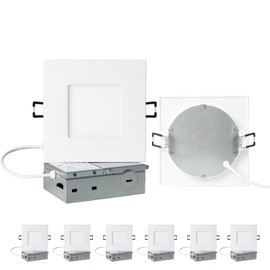 ZYC 4-inch Square Recessed Lighting - Ultra Thin Dimmable Square LED Ceiling Light,5 Color Temperature 2700-5000K Selectable,9W 800LM High Brightness,Canless Wafer Downlight,Pack of 6 White.