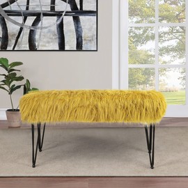 Home Soft Things Yellow Mongolian Faux Fur Ottoman, Lemon Curry, 46'' x 16'' x 22'', Cozy Plush Fluffy Ottoman Foot Rest Stool for Living Room Bedroom Entryway Makeup Bench End of Bed Home Décor