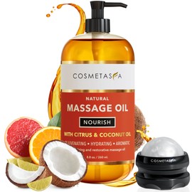 Natural Nourishing Massage Oil with Massage Roller Ball - Therapeutic Citrus & Coconut Massage Oils with Rejuvenating, Hydrating & Aromatic Essential Oils for Dry Skin, Soothes Muscle & Joints 8.8 oz