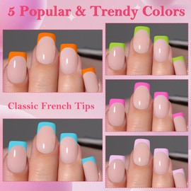 AddFavor French Tip Press on Nails Short Square Fake Nails - 150Pcs Bright Colored French Nail Tips Acrylic Glue on Nails Press on Nail with Nail Glue and Adhesive Tabs 15 Sizes