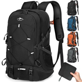 RAINSMORE HIking Backpack Camping Backpacks with Shoe Compartment & Wet Pocket Lightweight Travel Daypack for Men Women Hiking Bags for Outdoor Sport Climbing Camping Touring, Black