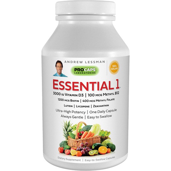 ANDREW LESSMAN Essential-1 Multivitamin 3000 IU Vitamin D3 30 Small Capsules – 100 mcg Methyl B12. Lutein Lycopene Zeaxanthin. 24+ Nutrients. High Potency. No Additives. Ultra-Mild Only One Cap Daily