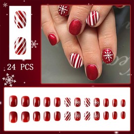 Christmas Snowflakes Press on Nails Short Squares Fake Nails Red Designs False Nails Red White Stripes Full Cover Glossy Stick on Nails for Winter Women and Girls DIY Manicure Decoration 24Pcs