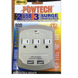3 Outlet Surge Protector Wall Tap w/ 2 USB Ports - 900 Joules