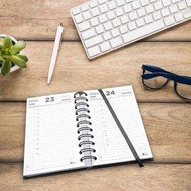 2025 A6 Multilingual Daily Diary (EN IT FR ES DE) - 12 Month Diary with Hardcover, Ring Binding, 30 Min Appointments, Notes, Weather, Activity Check, Bookmark Lanyard (Black)
