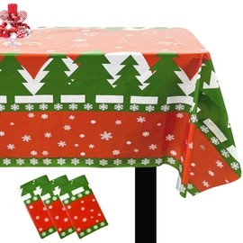 Christmas Tablecloth Disposable - Plastic Christmas Table Cover Red Green White Color - Xmas Snowflake Reindeer Tree Table cloth for Christmas Party Table Decorations - Rectangle, 54 x 72 inches (3)
