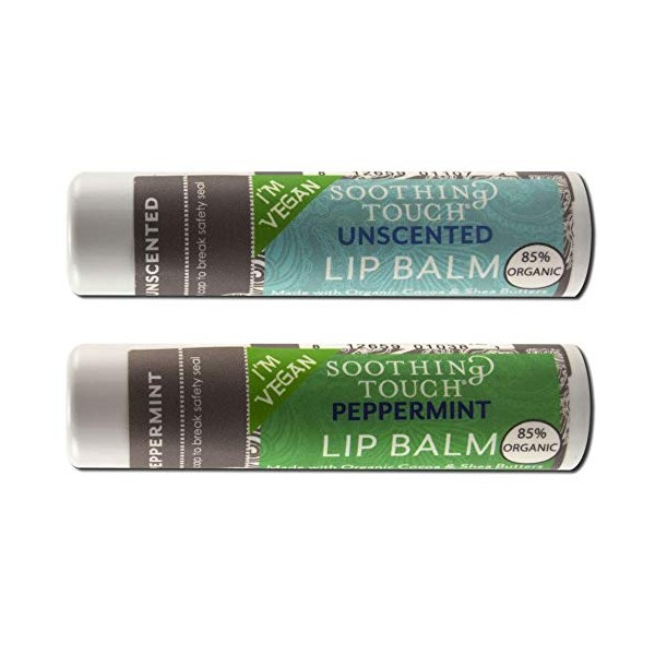 Soothing Touch Vegan Lip Balm - Variety Pack of 2 - Unscented and Peppermint