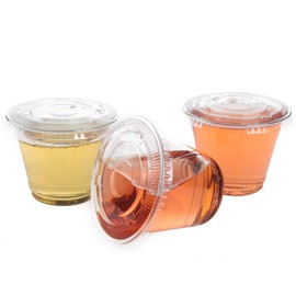 Golden Apple, 9oz-50sets Clear Plastic Cups with Clear Flat no Hole lids…