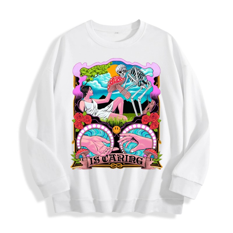 Psychedelic Skeleton Mushroom Graphic Crewneck Sweatshirt, US Warehouse, 6 ColorsSize: