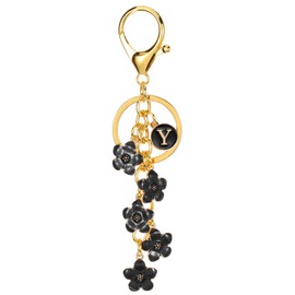 PATIKIL Initial Letter Flower Keyring, Alphabet Y Enamel Charm Flowers Key Ring Key Holder Bag Handbag Purse Accessories for Birthdays, Valentine's Day, Black, black