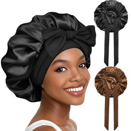 2pcs set Double Layer Satin Bonnet Silk Bonnet for Sleeping Lined Hair Bonnet with Tie Band for Women Curly Hair 2025 New - Color: black&brown