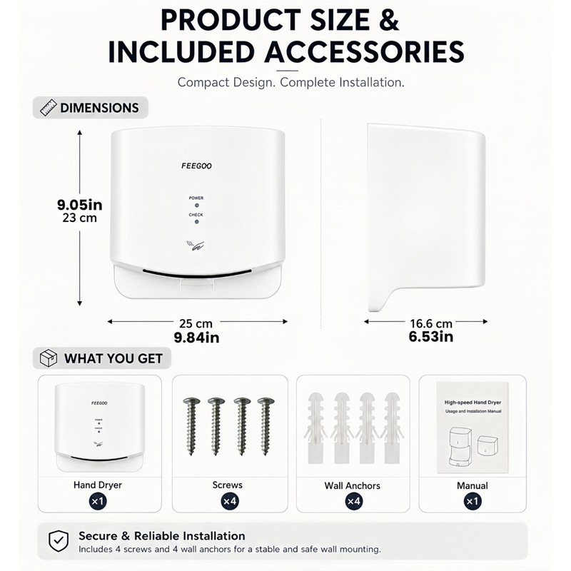 Compact Hand Dryer for Bathroom＆Small Business, 110V-130V, White
