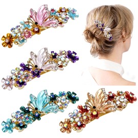inSowni 4 Pieces Vintage Gold Metal Sparkly Rhinestone Flower Butterfly French Hair Barrettes Floral Snap Hair Clips Clasps Accessories for Women Girls