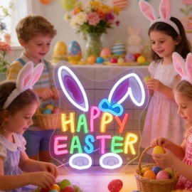 Happy Easter Neon Sign LED Easter Bunny Neon Lights USB Powered for Wall Decor Spring Party Bedroom Easter Decorations for Home Indoor Window Front Yard