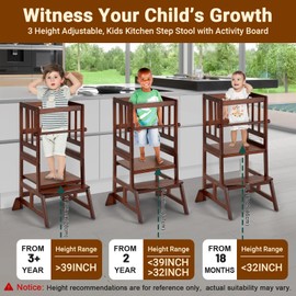 COSYLAND Toddler Standing Tower - Adjustable Height Toddler Kitchen Stool Helper - Kids Kitchen Step Stool for Learning with Removable Safety Railing Brown