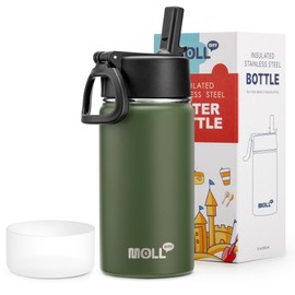 Mollcity 12 oz Water Bottle for Kids-Small Insulated Water Bottle with Straw-Stainless Steel Double Wall Vacuum Sports Water Bottle for School (Grass Green)
