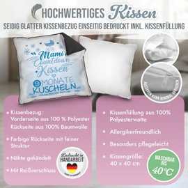 PR Print Royal Baby-News Cushion with Saying - Mami Countdown - Blue, Gift for Pregnancy, Expectant Mother, Baby Shower, Decorative Cushion 40 x 40 cm, Includes Cushion Filling, Black Back
