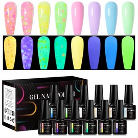 MEET ACROSS Jelly Glow in the Dark Gel Nail Polish, 8 Colors Luminous Neon Gel Polish Set Fluorescent Pastel Sequins Hot Pink Yellow Purple Glow Effect Soak Off UV Gel Polish for DIY Nail Art Design