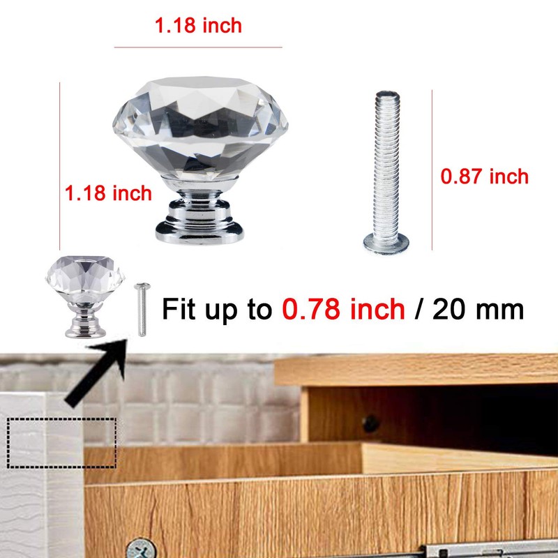 YourGift 6 Pack Drawer Knobs Diamond Shaped Crystal Glass 30mm