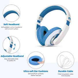 Rockpapa Comfort Kids Headphones, Over Ear Headphones Wired, Childrens Headphones with Adjustable Headband, Stereo Sound, Wired Headphones for Kids Girls Teens Adults (Blue)