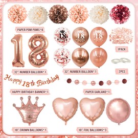18th Birthday Girl, 18th Birthday Decoration Rose Gold, Decoration 18th Birthday Girl, 18 Rose Gold Balloons Birthday with Happy Birthday Banner Pompoms for 18th Birthday Decoration Girls