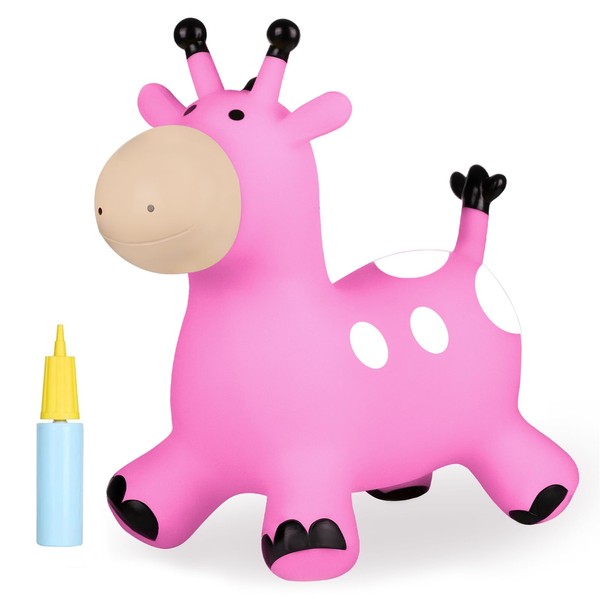 INPANY Giraffe Pink Bouncy Horse Hopper - Toddler Hopping Toys, Inflatable Animal Hopper, Jumping Horse, Outdoor Indoor Ride on Rubber Bouncer, Birthday Gift for 2 3 4 Year Old Boy Gi