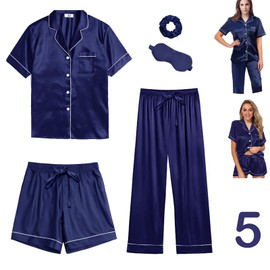 WJing Yi Jia 5Pcs Womens Silk Satin Pajamas Sets XS-XXL Short Pj Sets Button Down Pjs Set Sleepwear Loungewear Navy