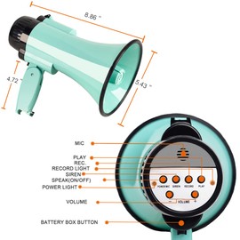 HornPro Portable Megaphone Speaker Siren PA Bullhorn - Compact and Battery Operated with 30 Watt Power, 3 Modes and Foldable Handle for Trainers, Soccer, Baseball, Coaches, and Teachers (Teal)