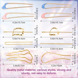 OIIKI U Shaped Hair Pins 10pcs, Metal French Hair Pins, Gold Hairpins Hair Fork Stick Oval Side Comb for Buns Women Girls Hair Styling Tool Accessories