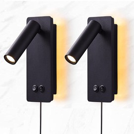 LED wall lamp and reading light two-in-one multifunctional wall sconces. LED Wall Lamp Plug in for Bedroom Bedside Wall Sconces Set of Two Black Reading Light 3W+6W Night Light 3000K(BLACK)
