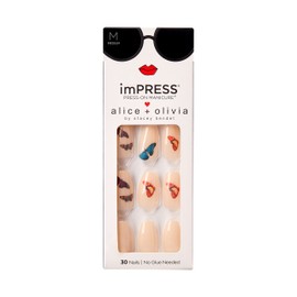 KISS imPRESS Press-On Manicure x Alice + Olivia Nail Kit, Style "Beloved Butterfly" Medium Almond Neutral Butterfly Press-On Nails, Includes Prep Pad, Mini Nail File, Cuticle Stick, & 30 Fake Nails