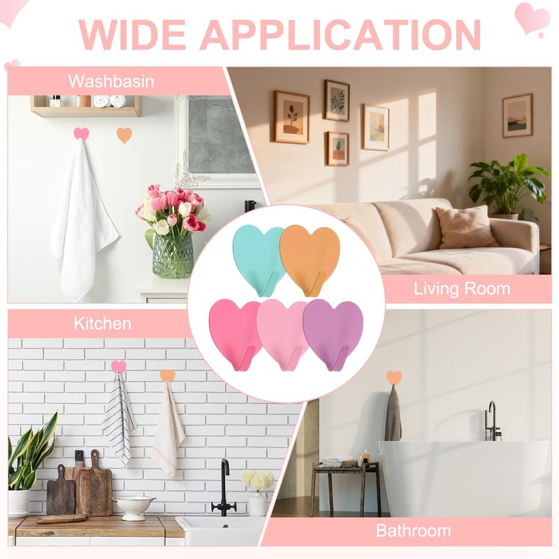 sourcing map Heart Shaped Decorative Wall Hooks, Pink, 5 Pcs