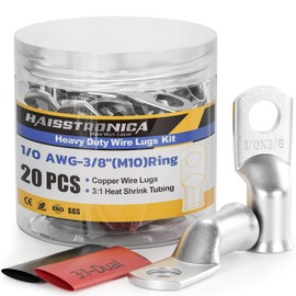 Haisstronica 10pcs 1/0 AWG - 3/8"(M10) Tinned Copper Battery Lugs, Heavy Duty Wire Lugs With 10pcs 3:1 Adhesive Heat Shrink Tubing, 1/0 Gauge Cable Ends